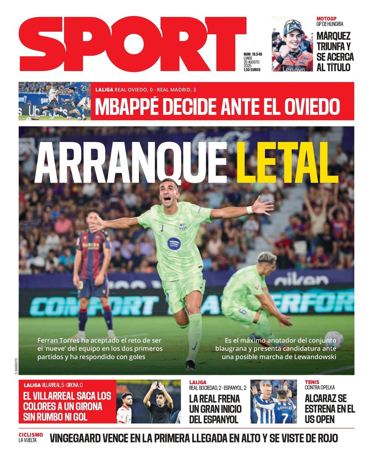 La portada SPORT de hoy lunes, 25 de agosto de 2025