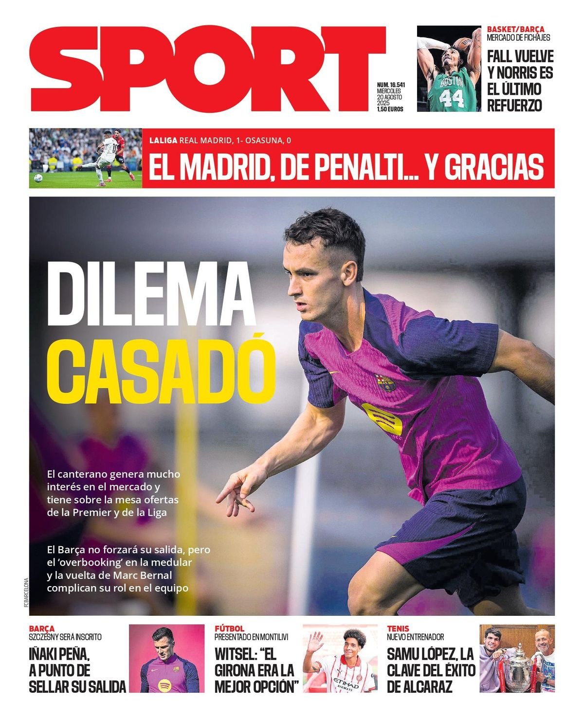 Esta es la portada de SPORT de hoy miércoles, 20 de agosto de 2025