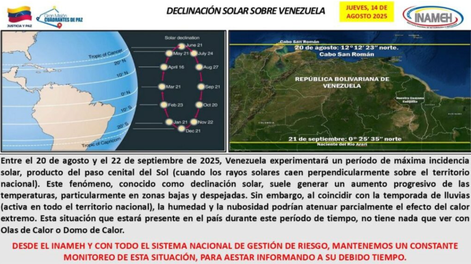 Inameh informó sobre un periodo de máxima incidencia solar en Venezuela desde el 20 de agosto