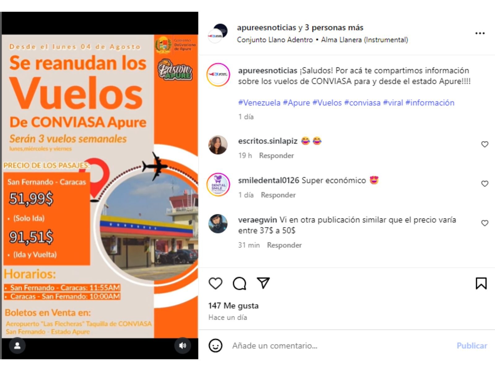 Conviasa reanudó los vuelos entre Apure y Caracas: así quedaron los precios de los boletos