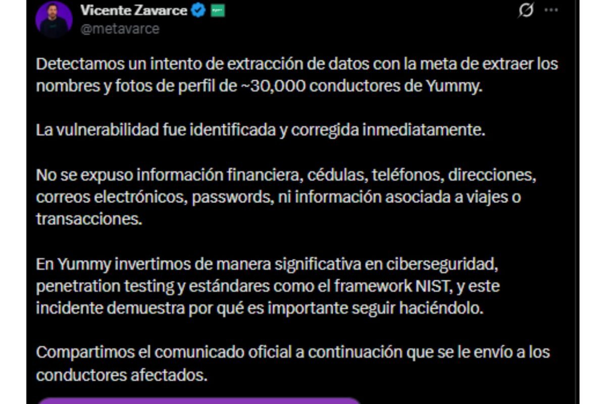 Yummy detectó un intento de extracción de datos de unos 30 mil conductores