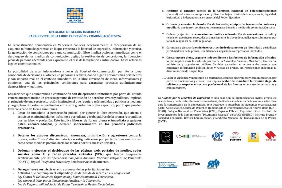 Alianza por la Libertad de Expresión propuso un “decálogo de acción inmediata” para restituir la libertad de expresión en Venezuela