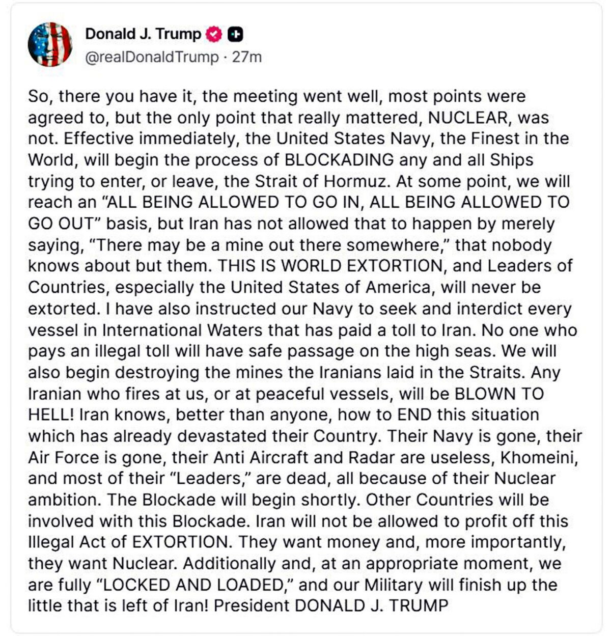 Trump anunció que EE UU tomará el control del estrecho de Ormuz