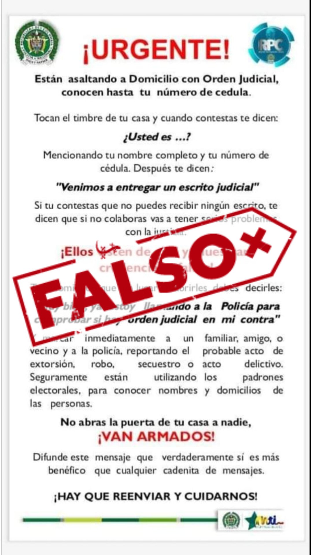 ¿Policía de Colombia publicó una alerta sobre asaltos domiciliarios con órdenes judiciales?