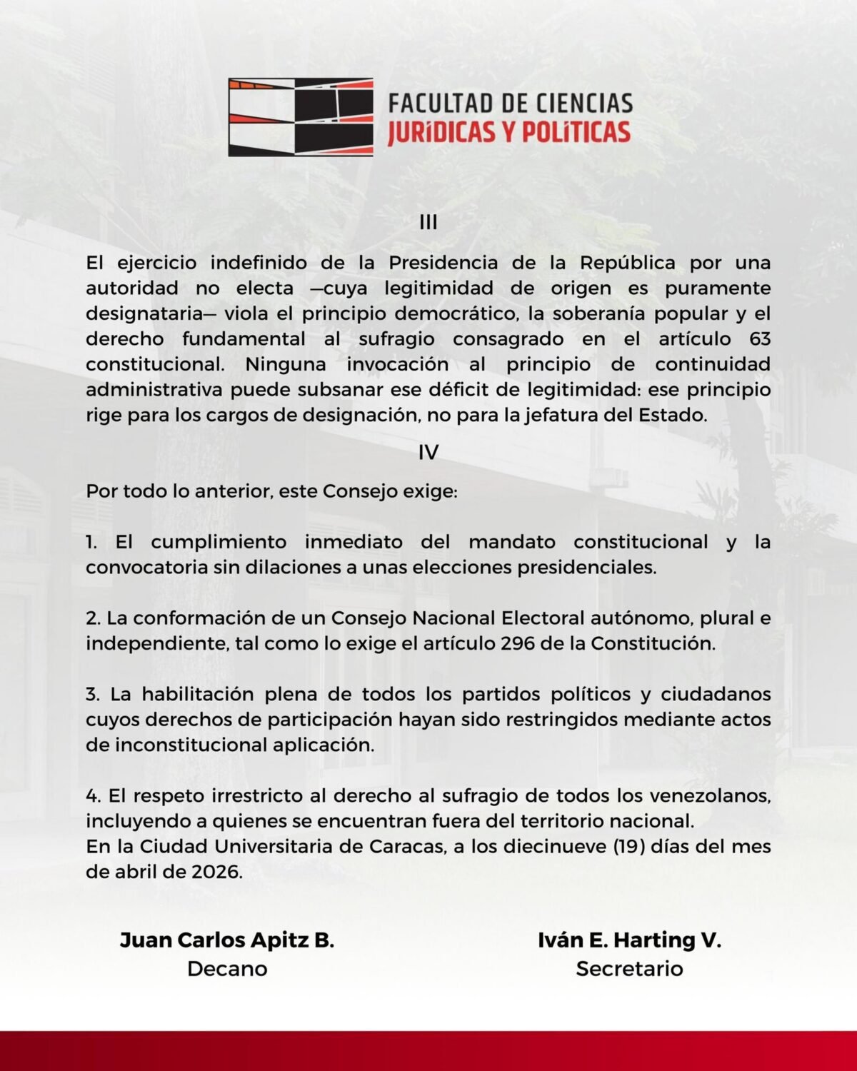 Facultad de Ciencias Jurídicas y Políticas de la UCV exigió la convocatoria de elecciones presidenciales  #TeExplicamosElDía | Lunes 20 de abril