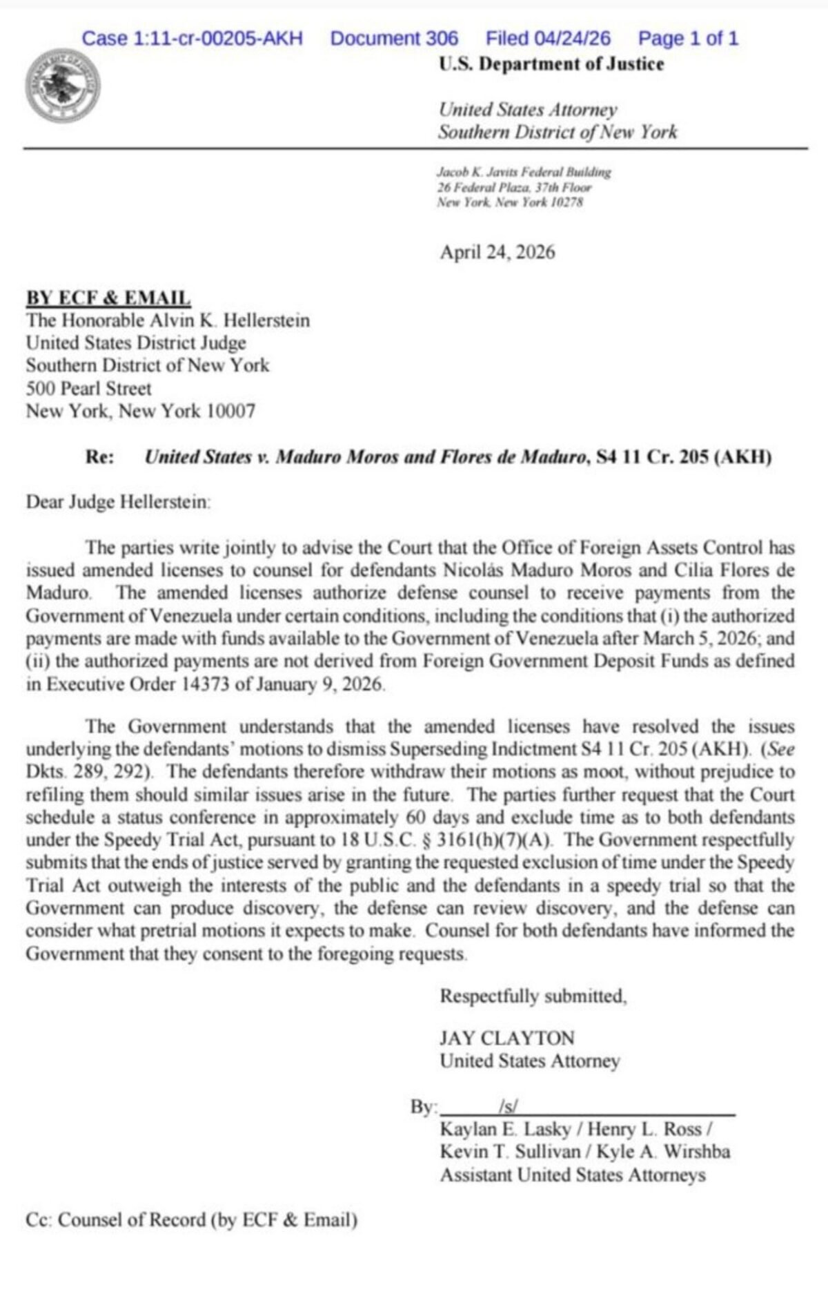 La OFAC autorizó que defensa de Nicolás Maduro y Cilia Flores se pague con fondos del Estado venezolano