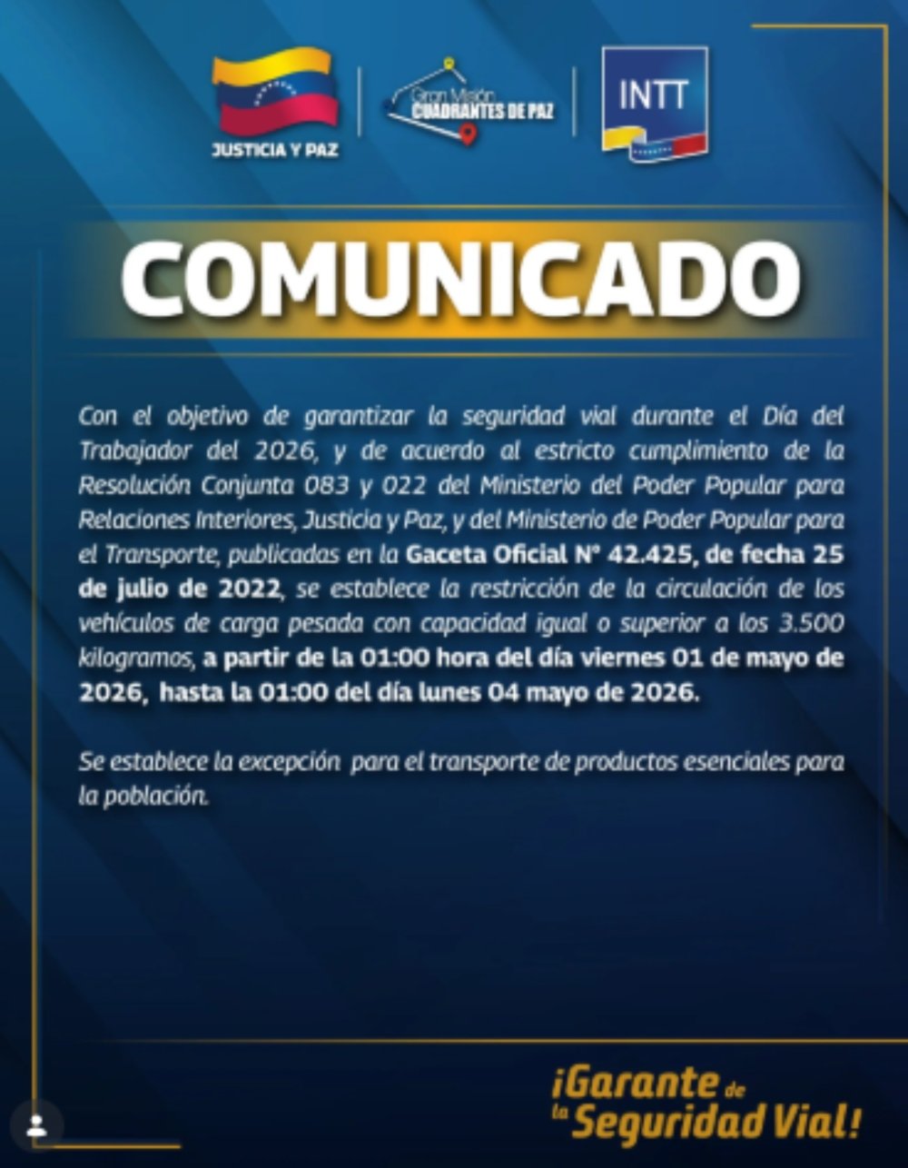 Restringen circulación de vehículos de carga pesada desde el 1° al 4 de mayo