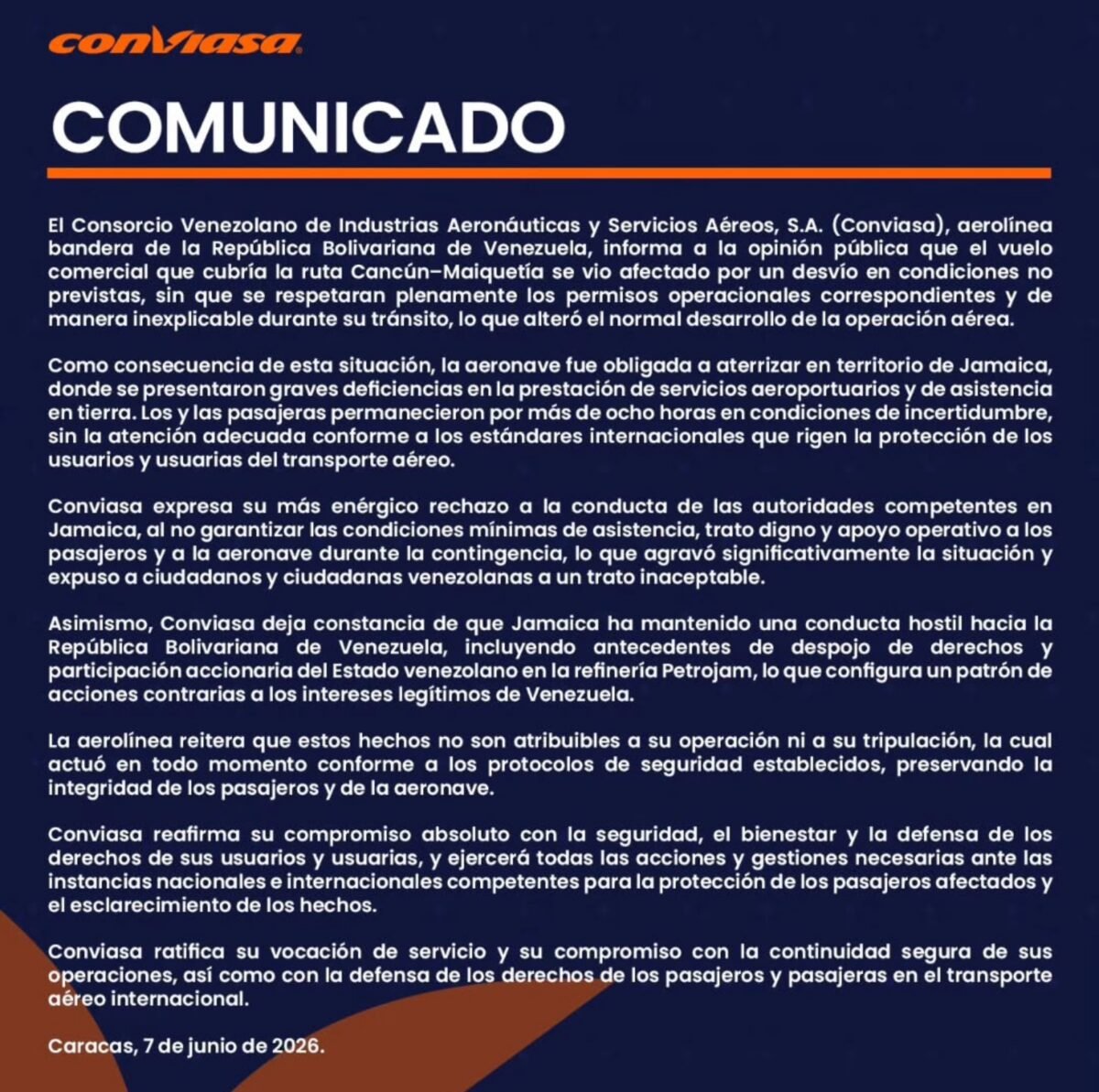 Conviasa denunció “trato cruel” a pasajeros en Jamaica tras desvío de un vuelo de la ruta Cancún–Maiquetía